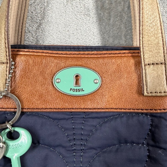 Fossil Quilted Tote Bag Navy Blue Leather Trim Floral Accent Key Charm - Picture 5 of 14